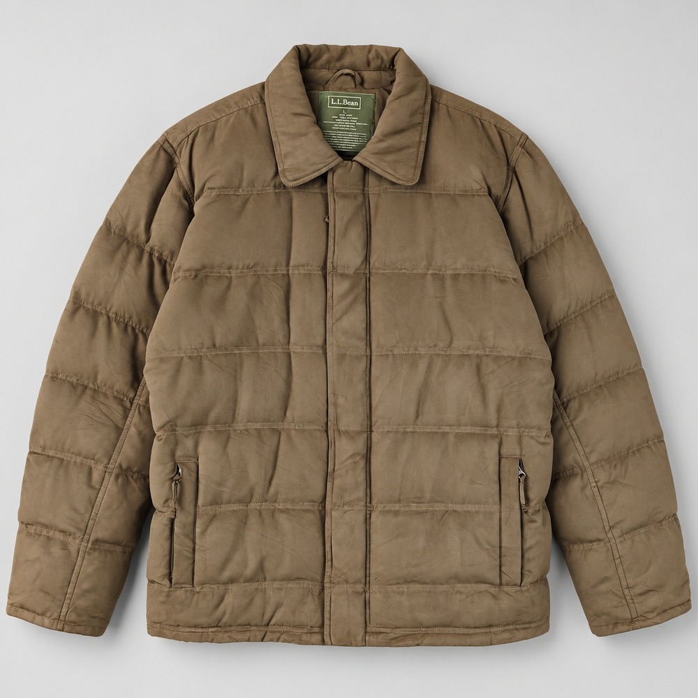 LL Bean Mens Faux Suede Goose Down Puffer Jacket Brown Large 270979